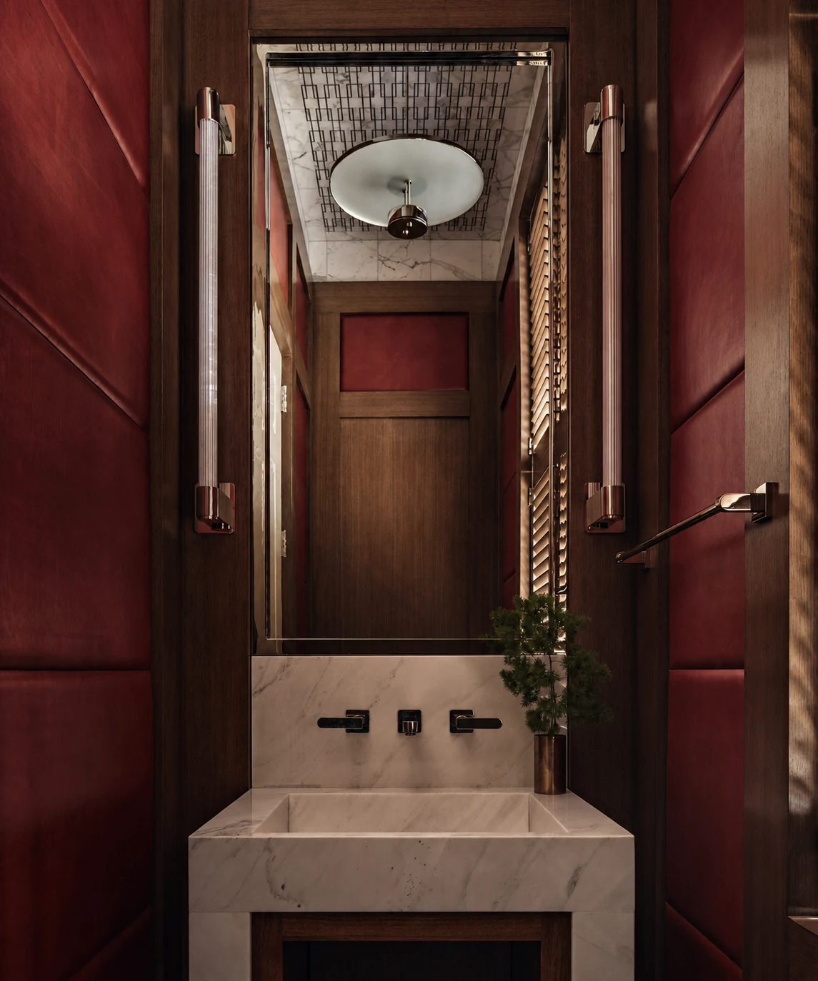 Mid Country Grandeur lacquered powder room in Fairfield County, Connecticut, built by Hobbs Inc.