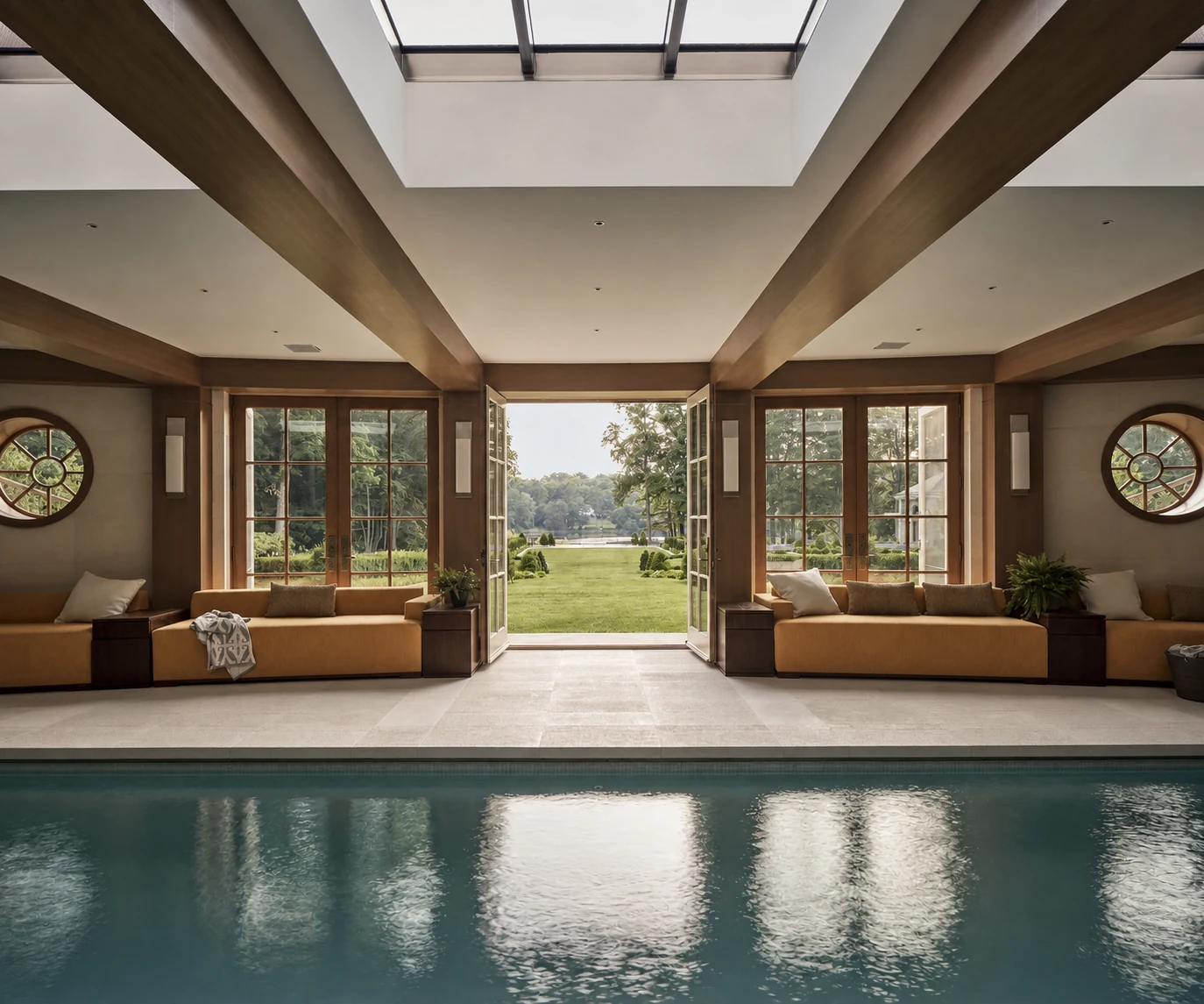 Mid Country Grandeur indoor pool opening to the garden in Fairfield County, Connecticut, built by Hobbs Inc.