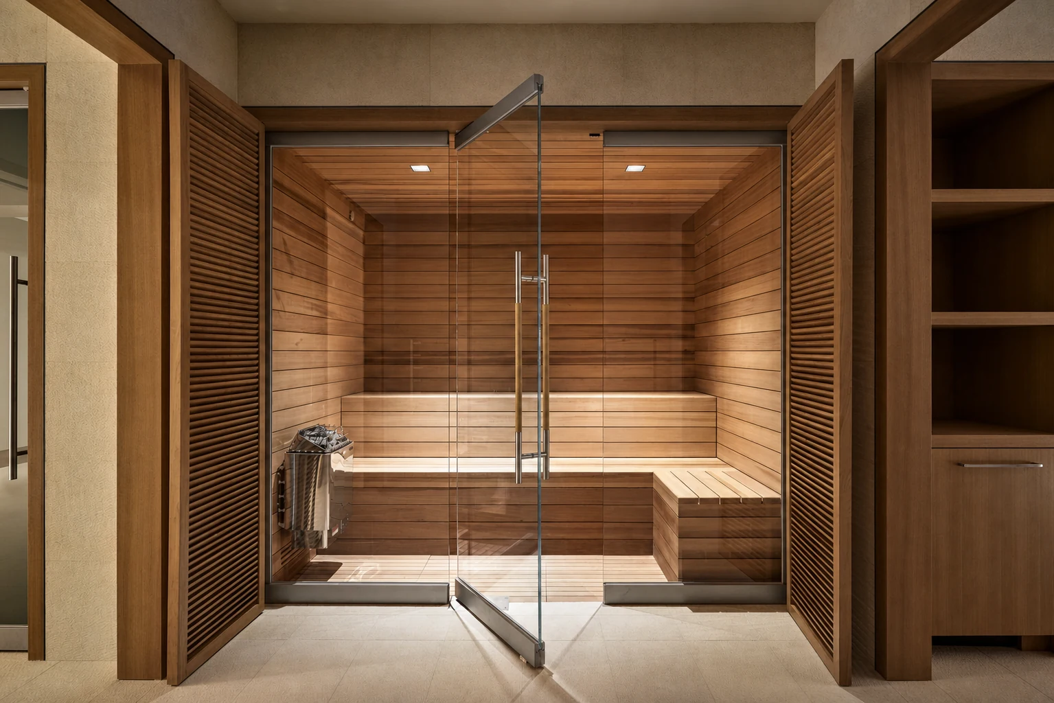 Mid Country Grandeur cedar sauna in Fairfield County, Connecticut, built by Hobbs Inc.