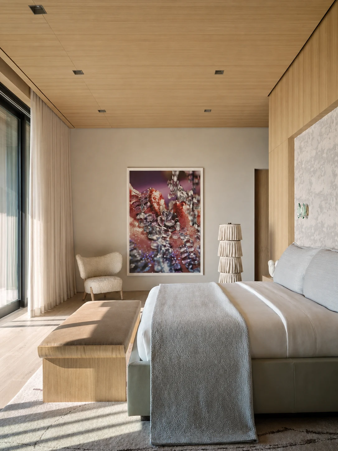 Montauk Cliff House primary bedroom in Montauk, New York, built by Hobbs Inc.