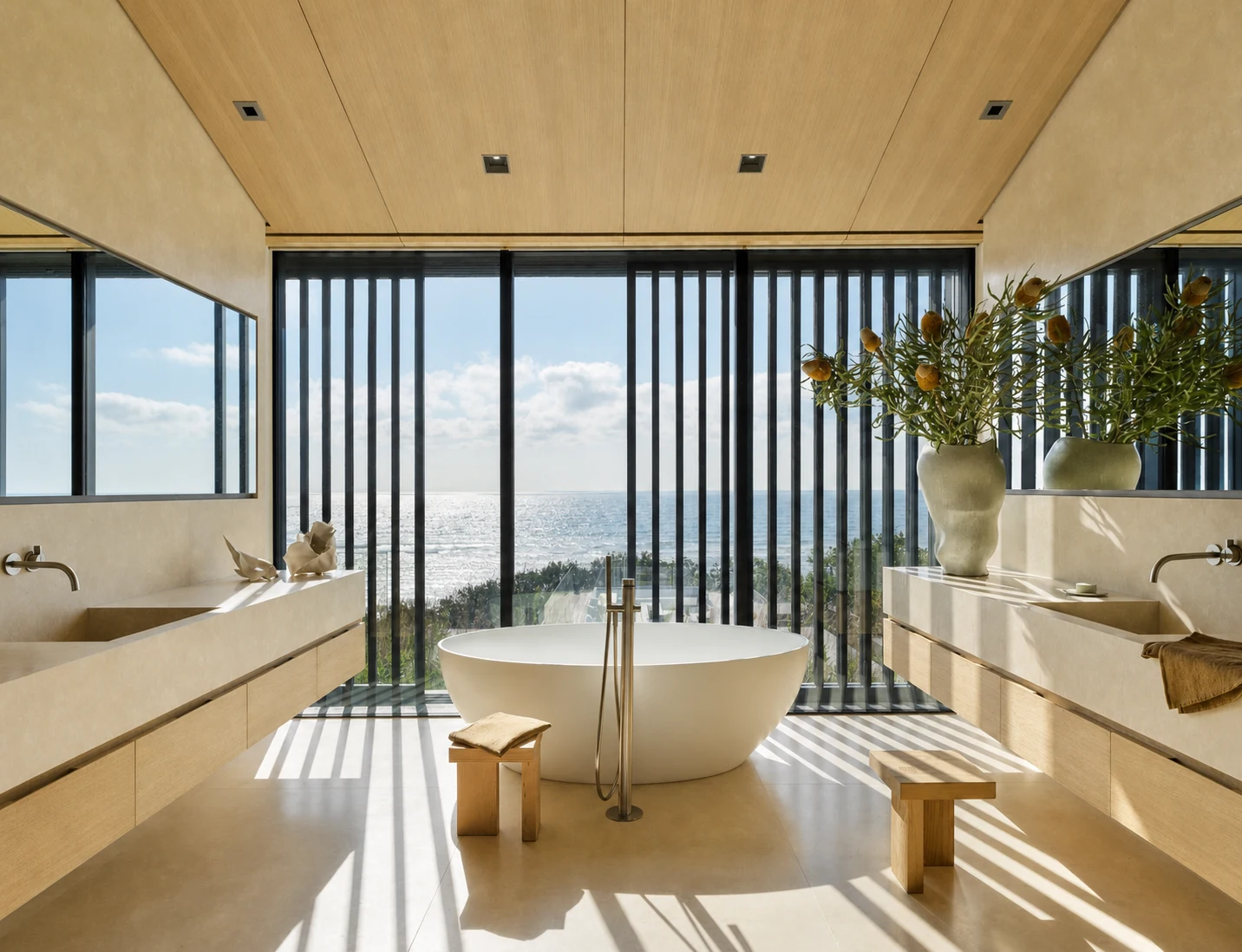 Montauk Cliff House ocean-view primary bathroom in Montauk, New York, built by Hobbs Inc.