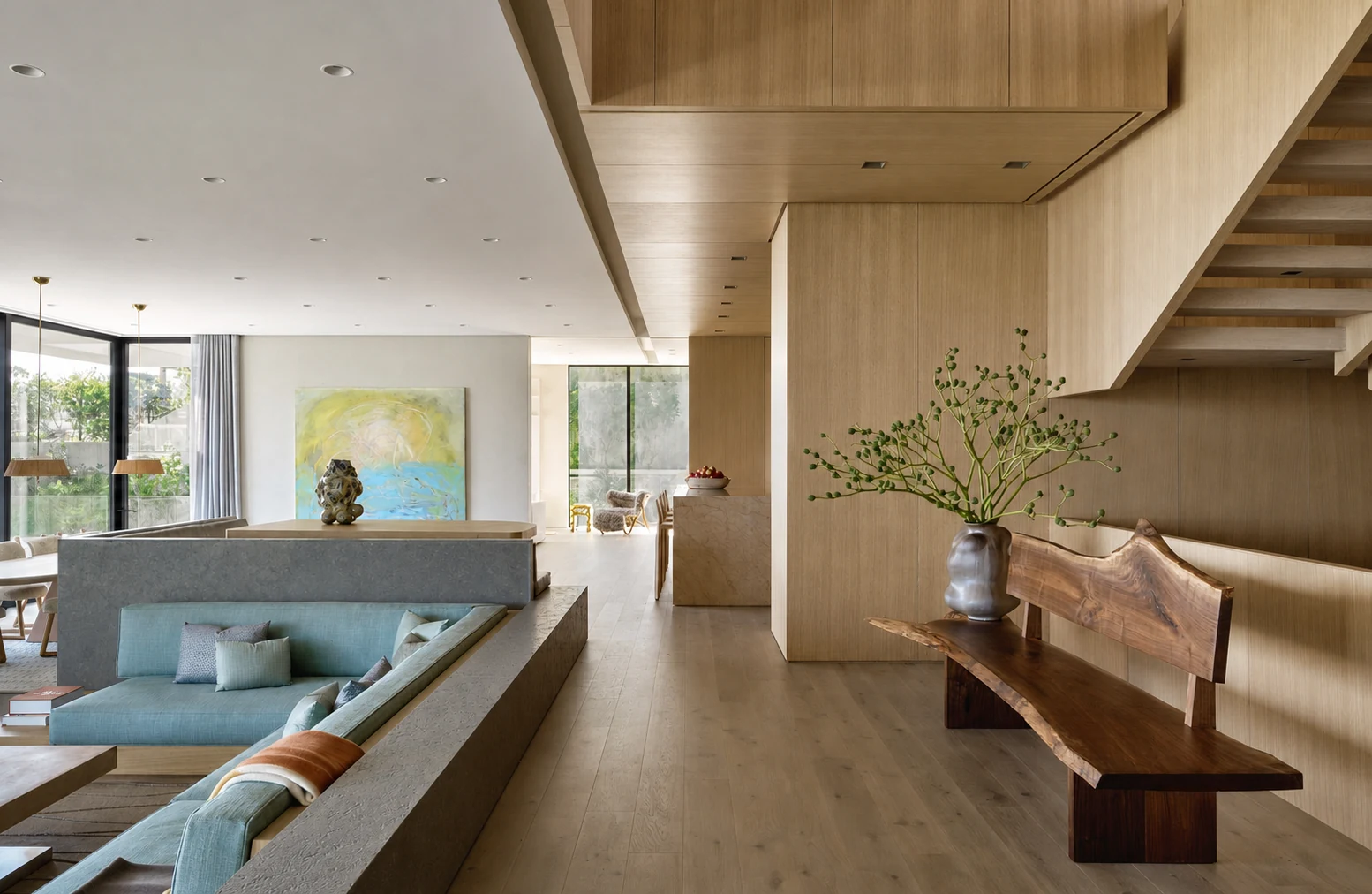 Montauk Cliff House sunken living room in Montauk, New York, built by Hobbs Inc.