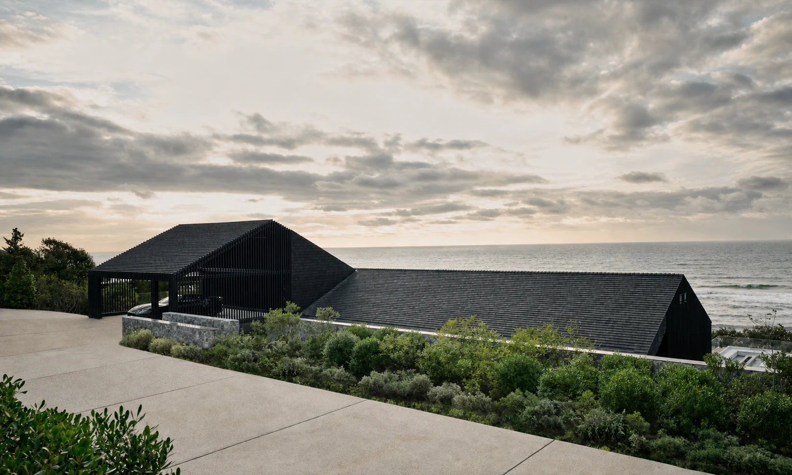 Montauk Cliff House oceanfront exterior approach in Montauk, New York, built by Hobbs Inc.
