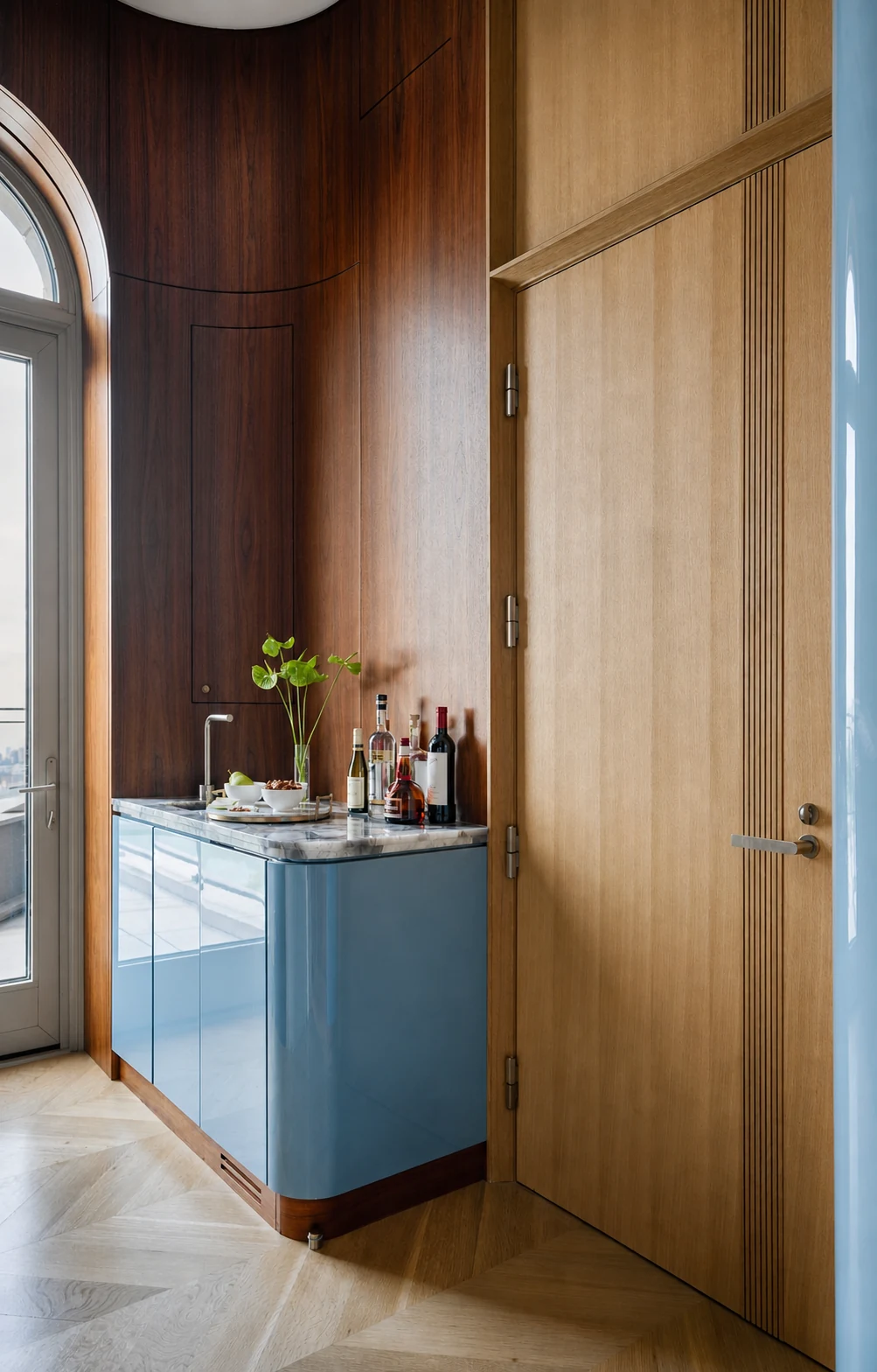 Upper East Side Penthouse Triplex blue lacquer wet bar and arched door in Upper East Side, New York City, built by Hobbs Inc.