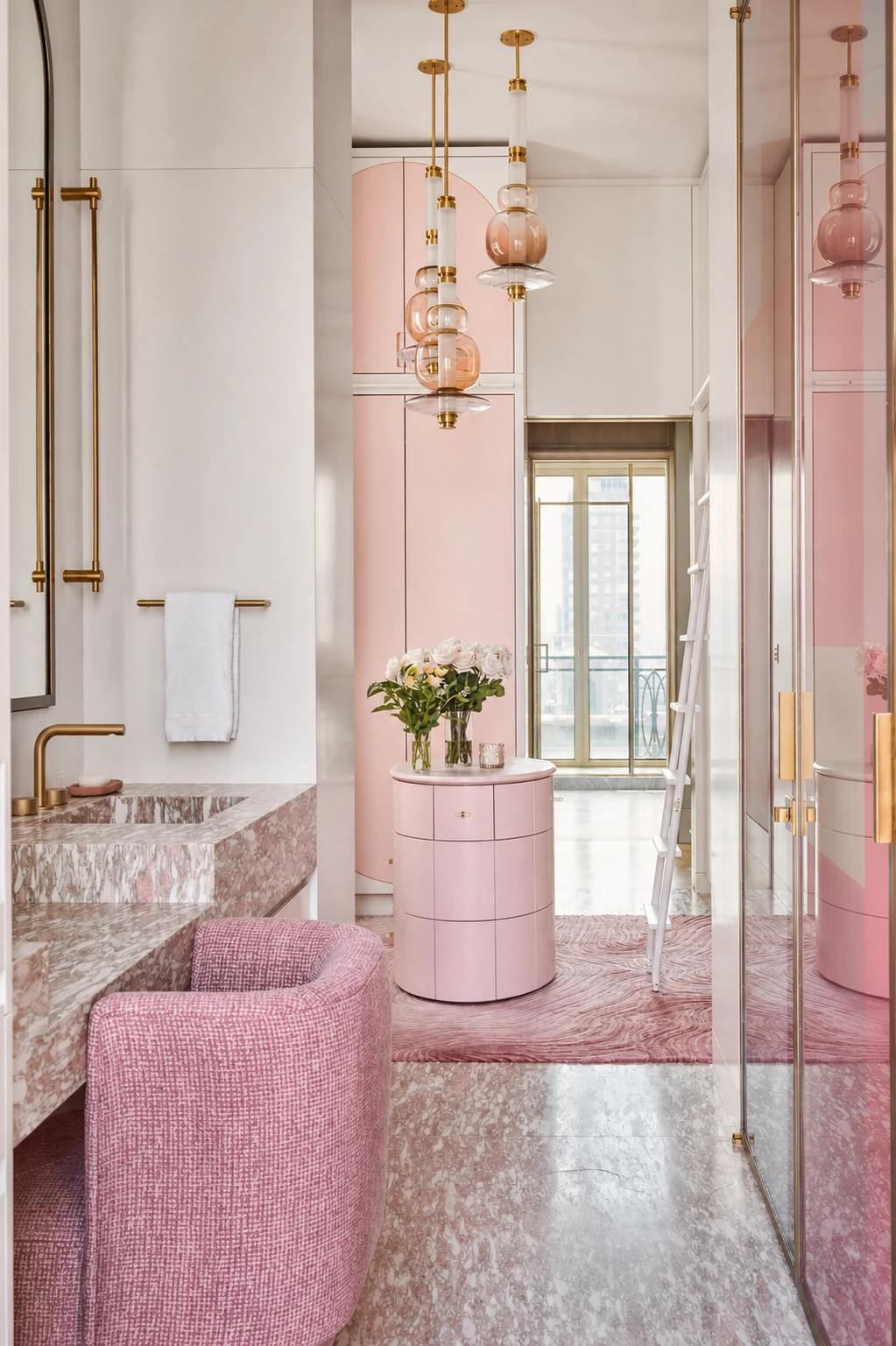 Upper East Side Penthouse Triplex pink marble dressing room in Upper East Side, New York City, built by Hobbs Inc.