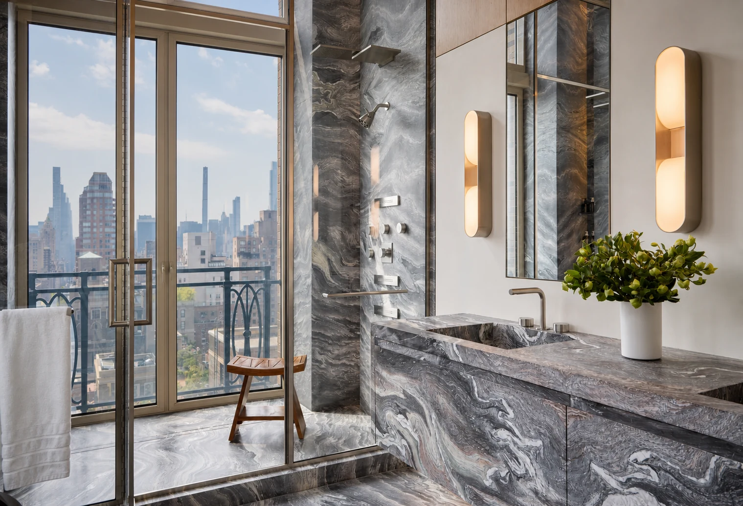 Upper East Side Penthouse Triplex marble bathroom vanity and city view in Upper East Side, New York City, built by Hobbs Inc.