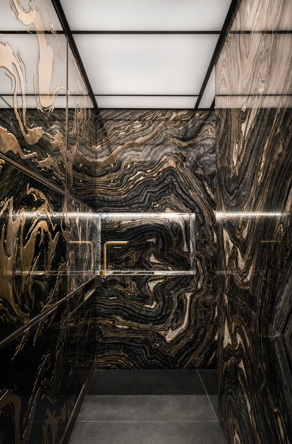 Upper East Side Penthouse Triplex dark marble powder room in Upper East Side, New York City, built by Hobbs Inc.