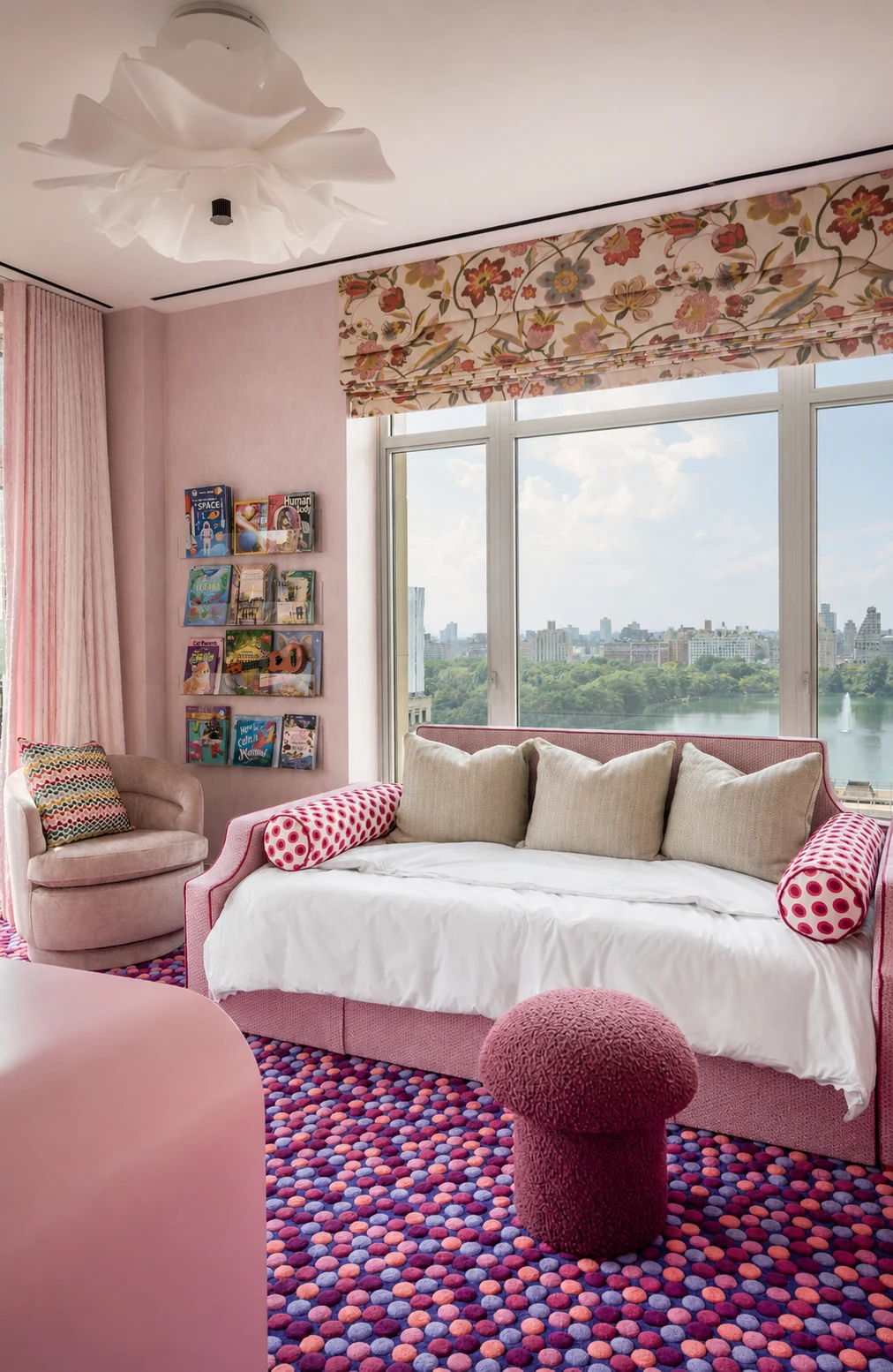 Upper East Side Penthouse Triplex pink bedroom overlooking Central Park in Upper East Side, New York City, built by Hobbs Inc.